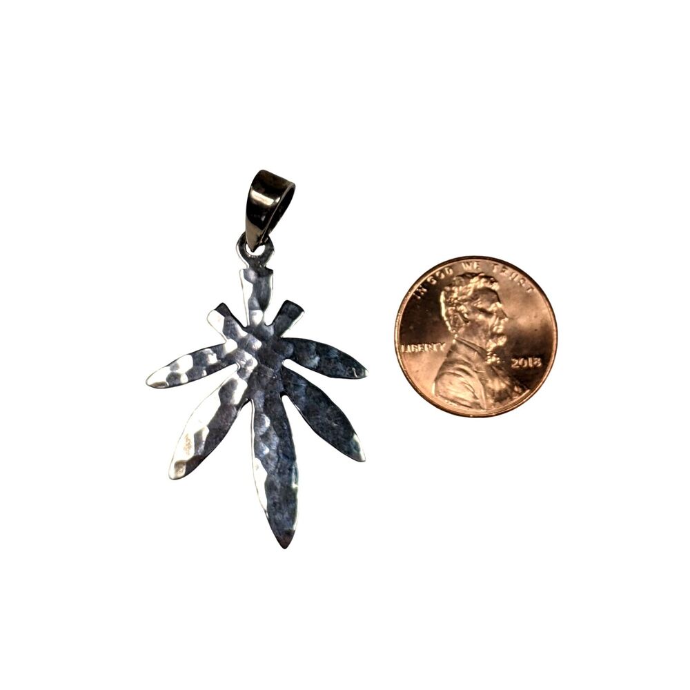 Hammered Silver Cannabis Pendant 925 Sterling Pot Charm Festival Boho Grunge